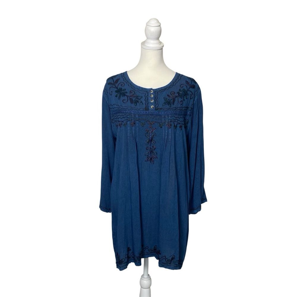 Anandas Collection Blue Embroidered Boho Tunic Plus Size Rayon Peasant Blouse